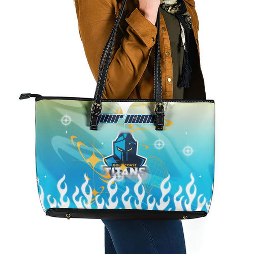 Personalized Gold Coast Titans Leather Tote Bag Y2K Grunge Aesthetic With Cyber Flames and Starburst Graphics