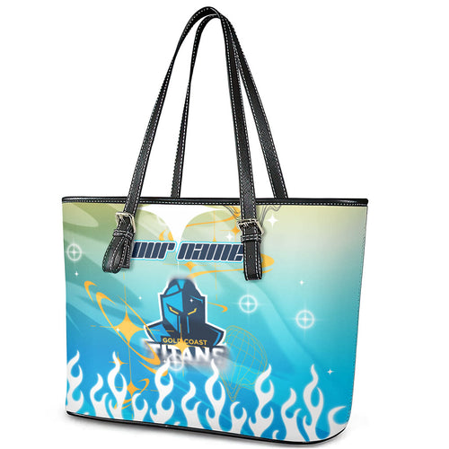 Personalized Gold Coast Titans Leather Tote Bag Y2K Grunge Aesthetic With Cyber Flames and Starburst Graphics