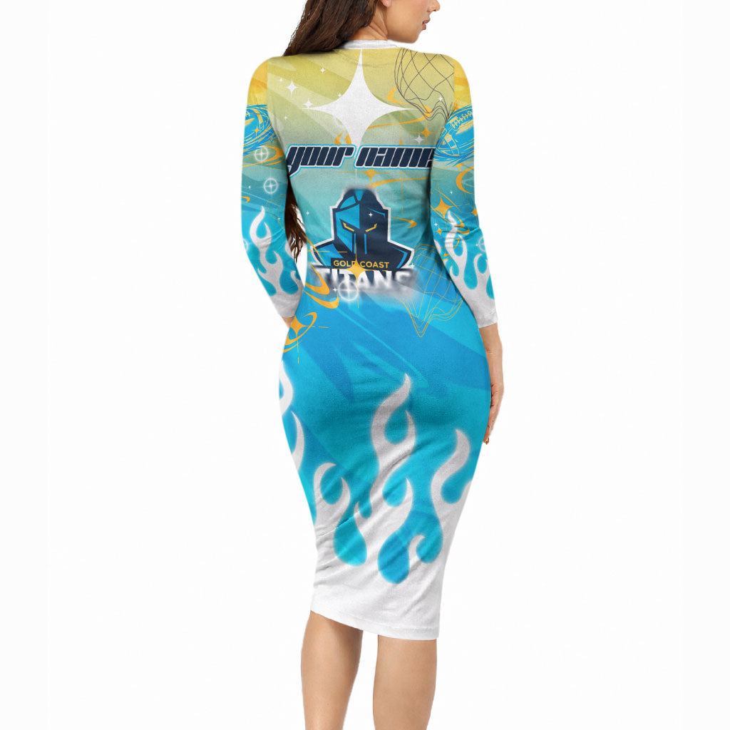Personalized Gold Coast Titans Long Sleeve Bodycon Dress Y2K Grunge Aesthetic With Cyber Flames and Starburst Graphics