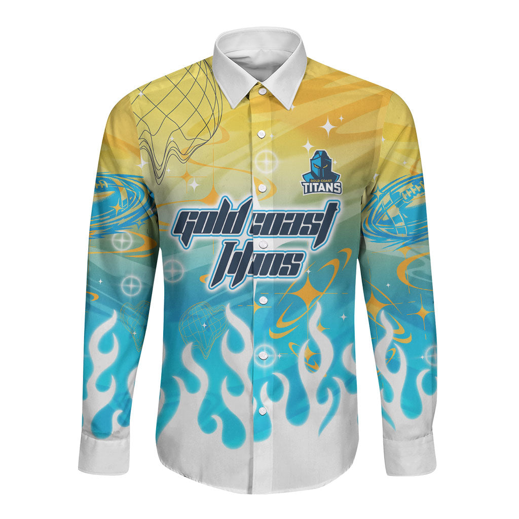 Personalized Gold Coast Titans Long Sleeve Button Shirt Y2K Grunge Aesthetic With Cyber Flames and Starburst Graphics