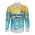 Personalized Gold Coast Titans Long Sleeve Button Shirt Y2K Grunge Aesthetic With Cyber Flames and Starburst Graphics