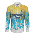 Personalized Gold Coast Titans Long Sleeve Button Shirt Y2K Grunge Aesthetic With Cyber Flames and Starburst Graphics