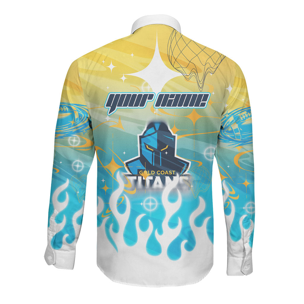 Personalized Gold Coast Titans Long Sleeve Button Shirt Y2K Grunge Aesthetic With Cyber Flames and Starburst Graphics