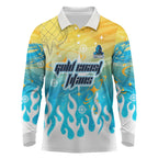 Personalized Gold Coast Titans Long Sleeve Polo Shirt Y2K Grunge Aesthetic With Cyber Flames and Starburst Graphics
