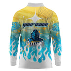 Personalized Gold Coast Titans Long Sleeve Polo Shirt Y2K Grunge Aesthetic With Cyber Flames and Starburst Graphics