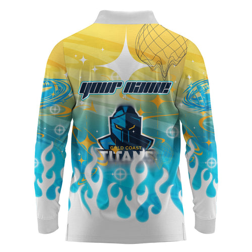 Personalized Gold Coast Titans Long Sleeve Polo Shirt Y2K Grunge Aesthetic With Cyber Flames and Starburst Graphics