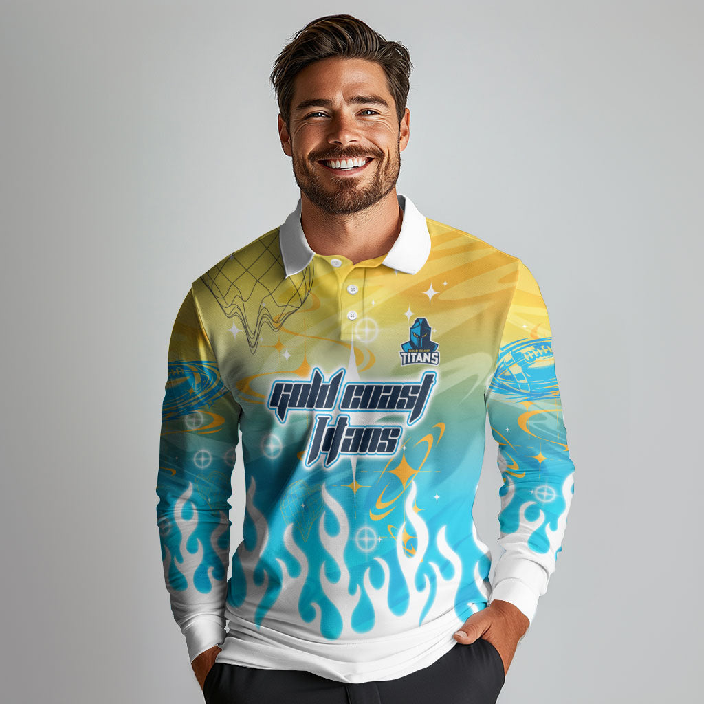 Personalized Gold Coast Titans Long Sleeve Polo Shirt Y2K Grunge Aesthetic With Cyber Flames and Starburst Graphics
