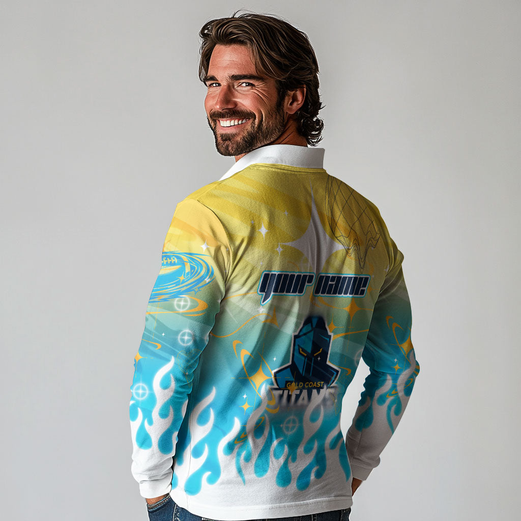 Personalized Gold Coast Titans Long Sleeve Polo Shirt Y2K Grunge Aesthetic With Cyber Flames and Starburst Graphics