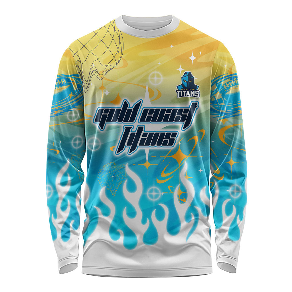 Personalized Gold Coast Titans Long Sleeve Shirt Y2K Grunge Aesthetic With Cyber Flames and Starburst Graphics