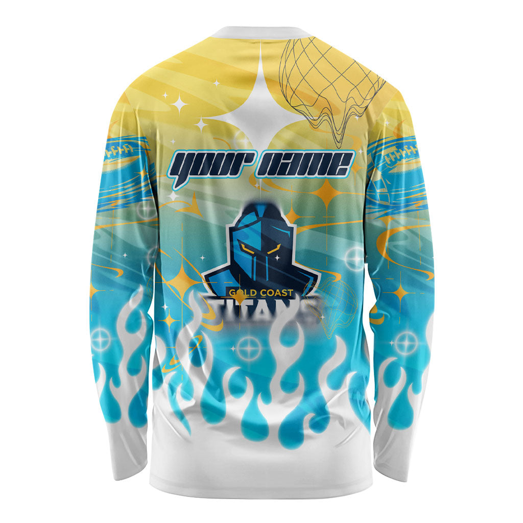 Personalized Gold Coast Titans Long Sleeve Shirt Y2K Grunge Aesthetic With Cyber Flames and Starburst Graphics