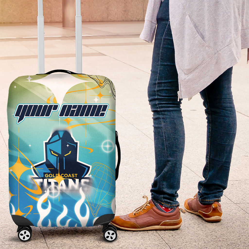 Personalized Gold Coast Titans Luggage Cover Y2K Grunge Aesthetic With Cyber Flames and Starburst Graphics