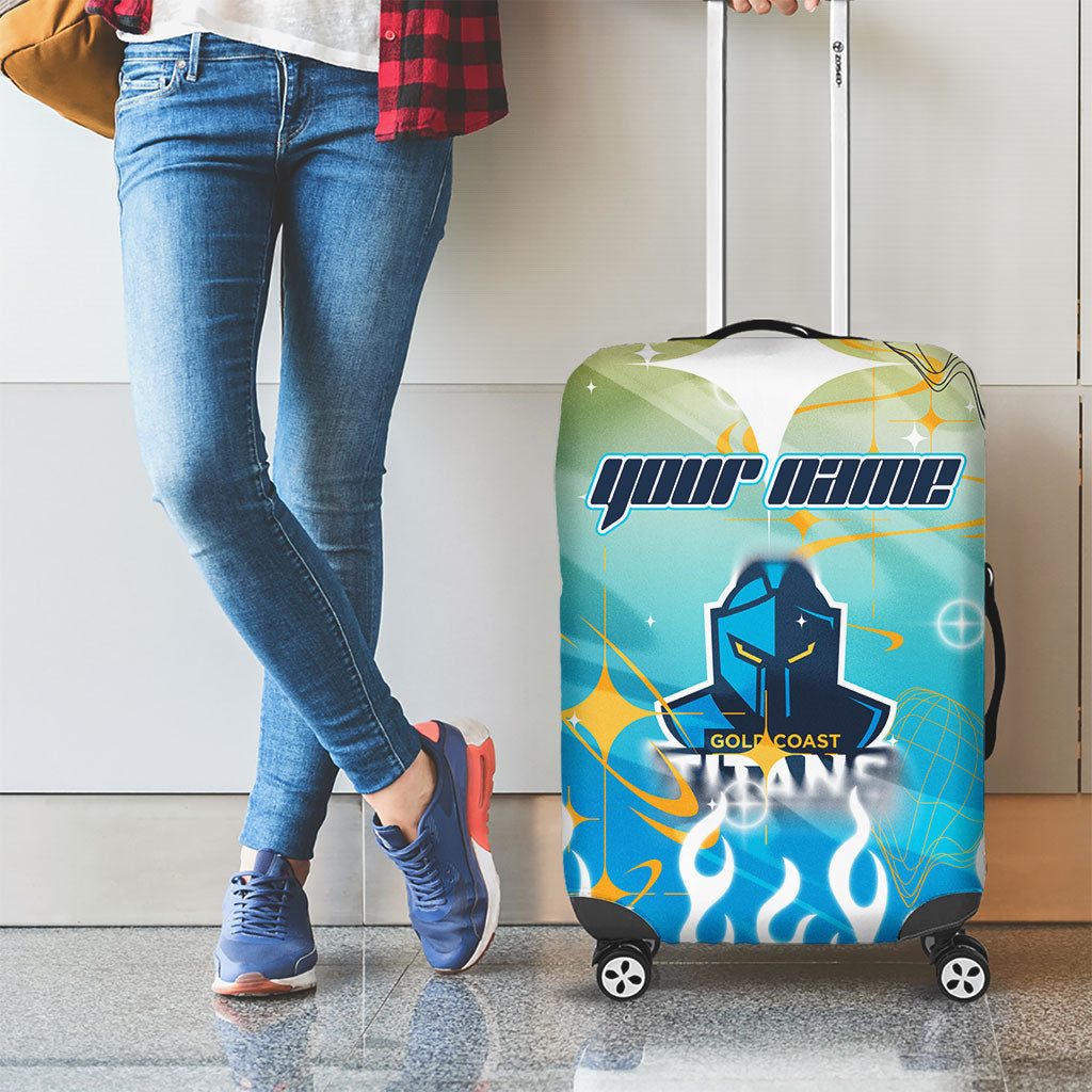 Personalized Gold Coast Titans Luggage Cover Y2K Grunge Aesthetic With Cyber Flames and Starburst Graphics
