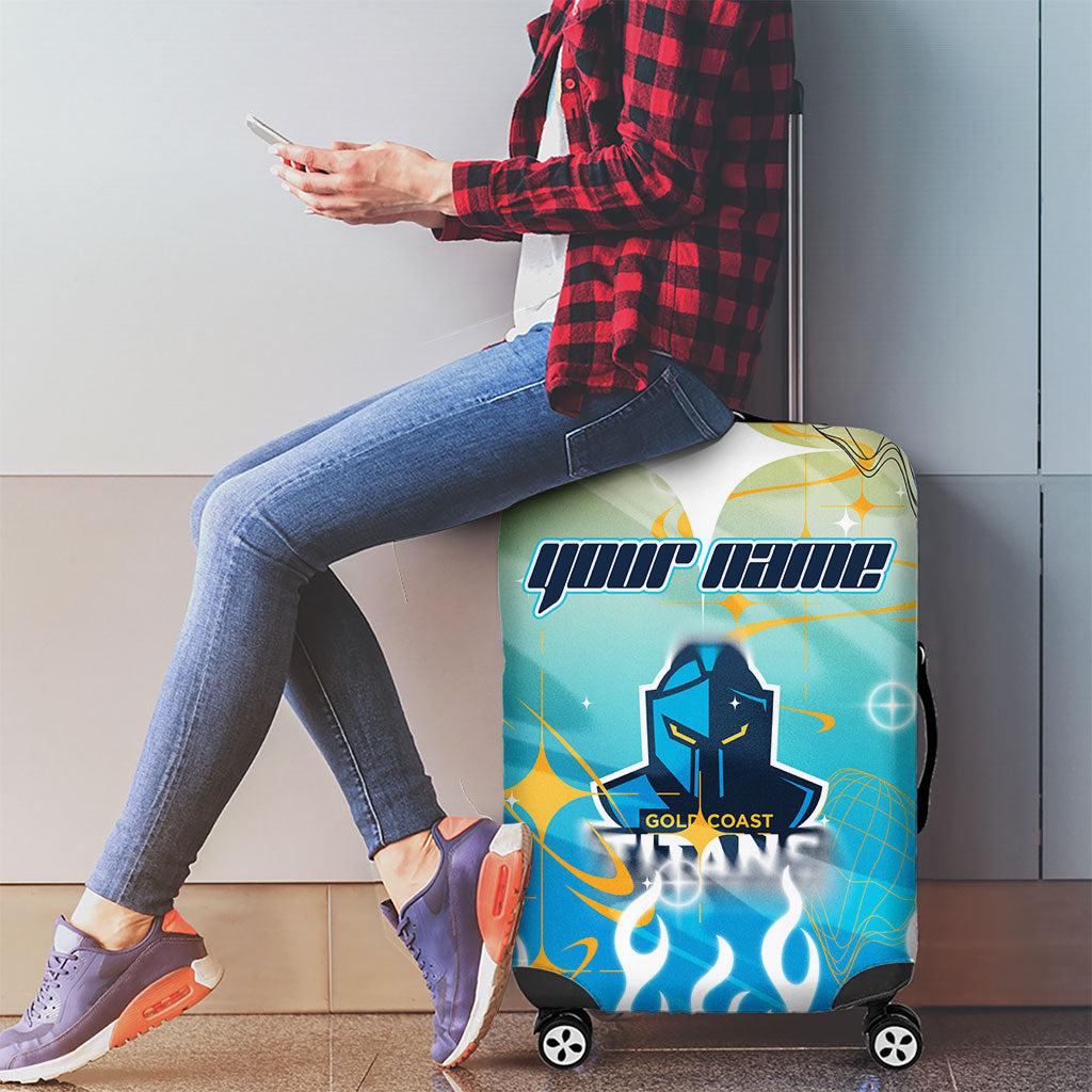 Personalized Gold Coast Titans Luggage Cover Y2K Grunge Aesthetic With Cyber Flames and Starburst Graphics