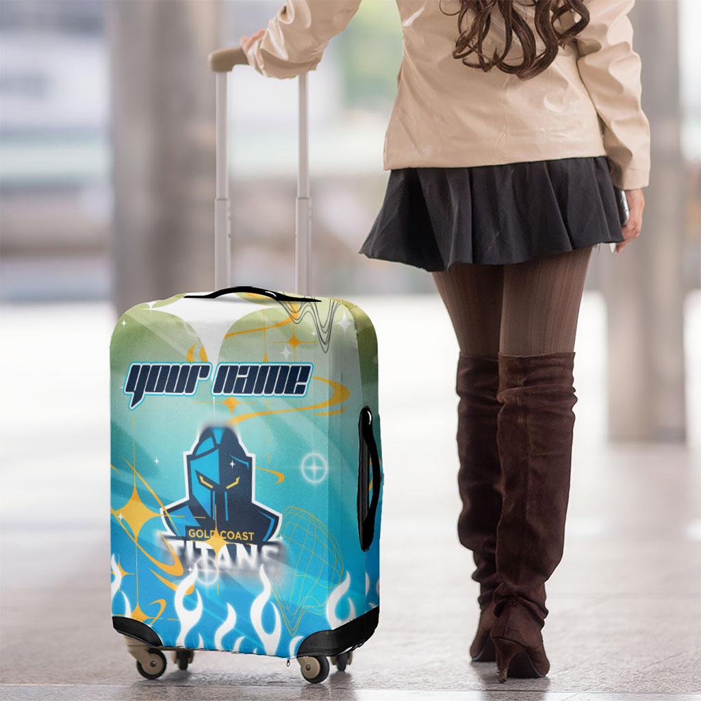 Personalized Gold Coast Titans Luggage Cover Y2K Grunge Aesthetic With Cyber Flames and Starburst Graphics