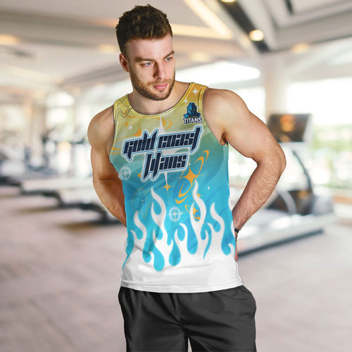 Personalized Gold Coast Titans Men Tank Top Y2K Grunge Aesthetic With Cyber Flames and Starburst Graphics