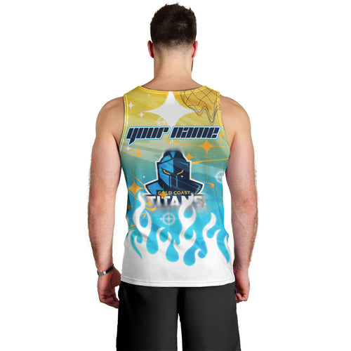 Personalized Gold Coast Titans Men Tank Top Y2K Grunge Aesthetic With Cyber Flames and Starburst Graphics
