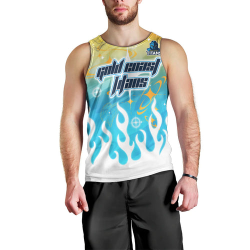 Personalized Gold Coast Titans Men Tank Top Y2K Grunge Aesthetic With Cyber Flames and Starburst Graphics