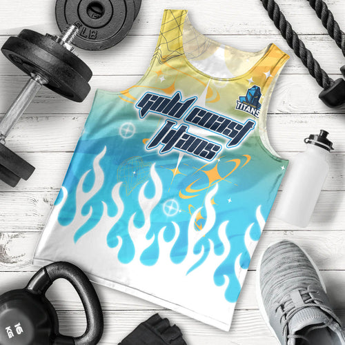 Personalized Gold Coast Titans Men Tank Top Y2K Grunge Aesthetic With Cyber Flames and Starburst Graphics