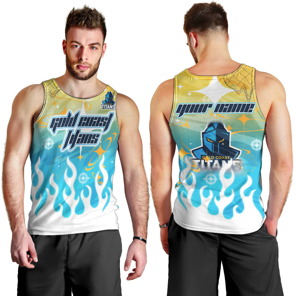 Personalized Gold Coast Titans Men Tank Top Y2K Grunge Aesthetic With Cyber Flames and Starburst Graphics