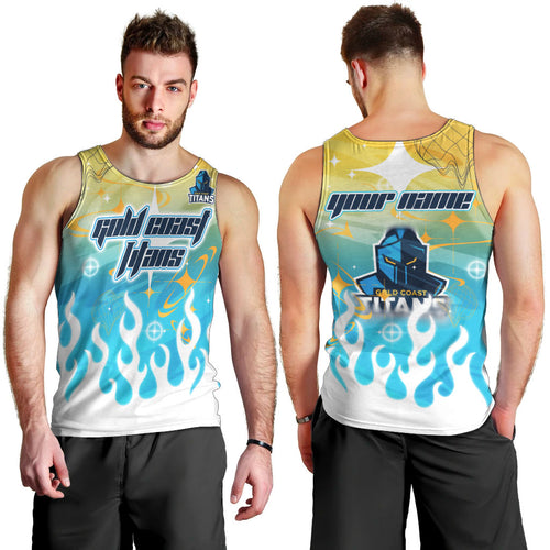 Personalized Gold Coast Titans Men Tank Top Y2K Grunge Aesthetic With Cyber Flames and Starburst Graphics