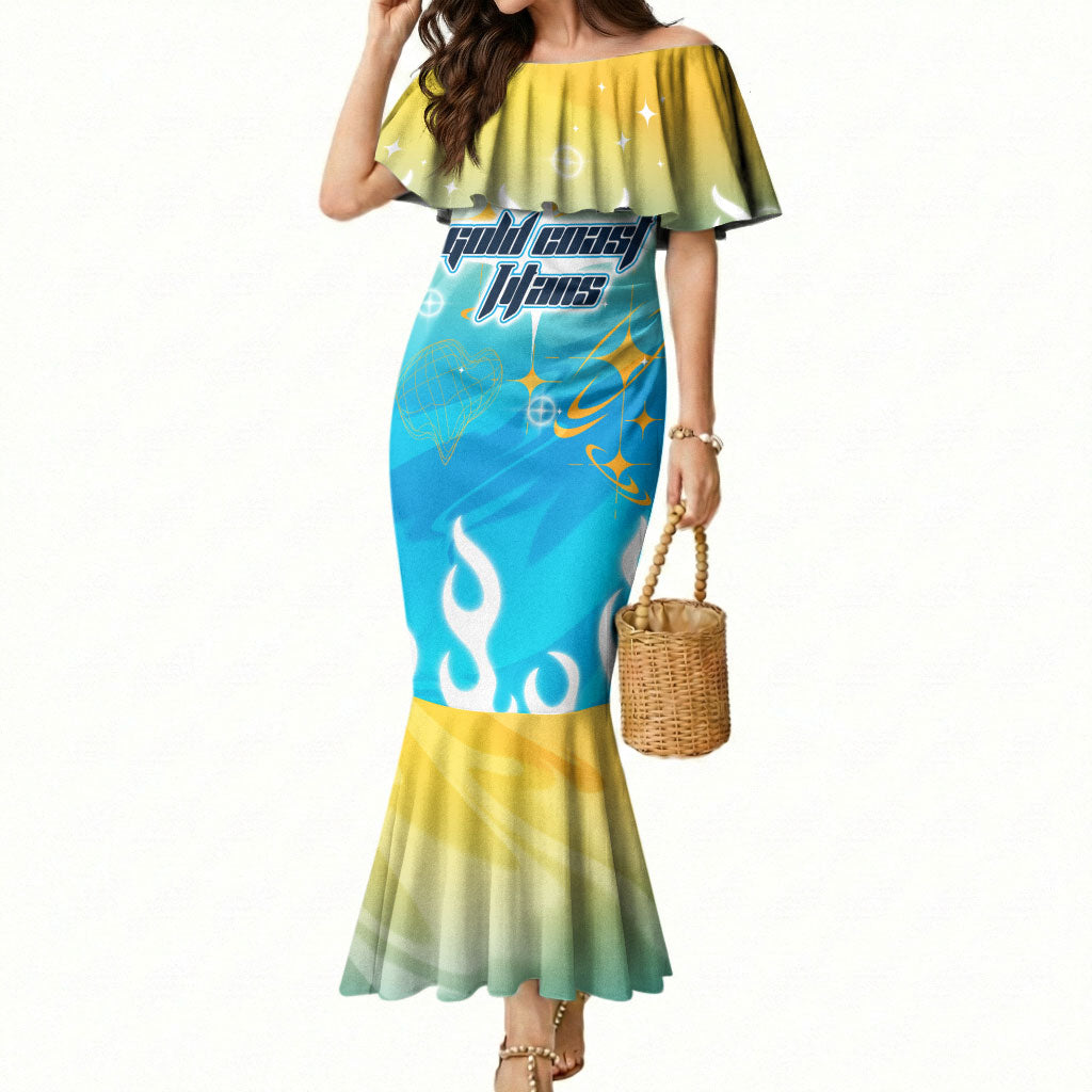 Personalized Gold Coast Titans Mermaid Dress Y2K Grunge Aesthetic With Cyber Flames and Starburst Graphics