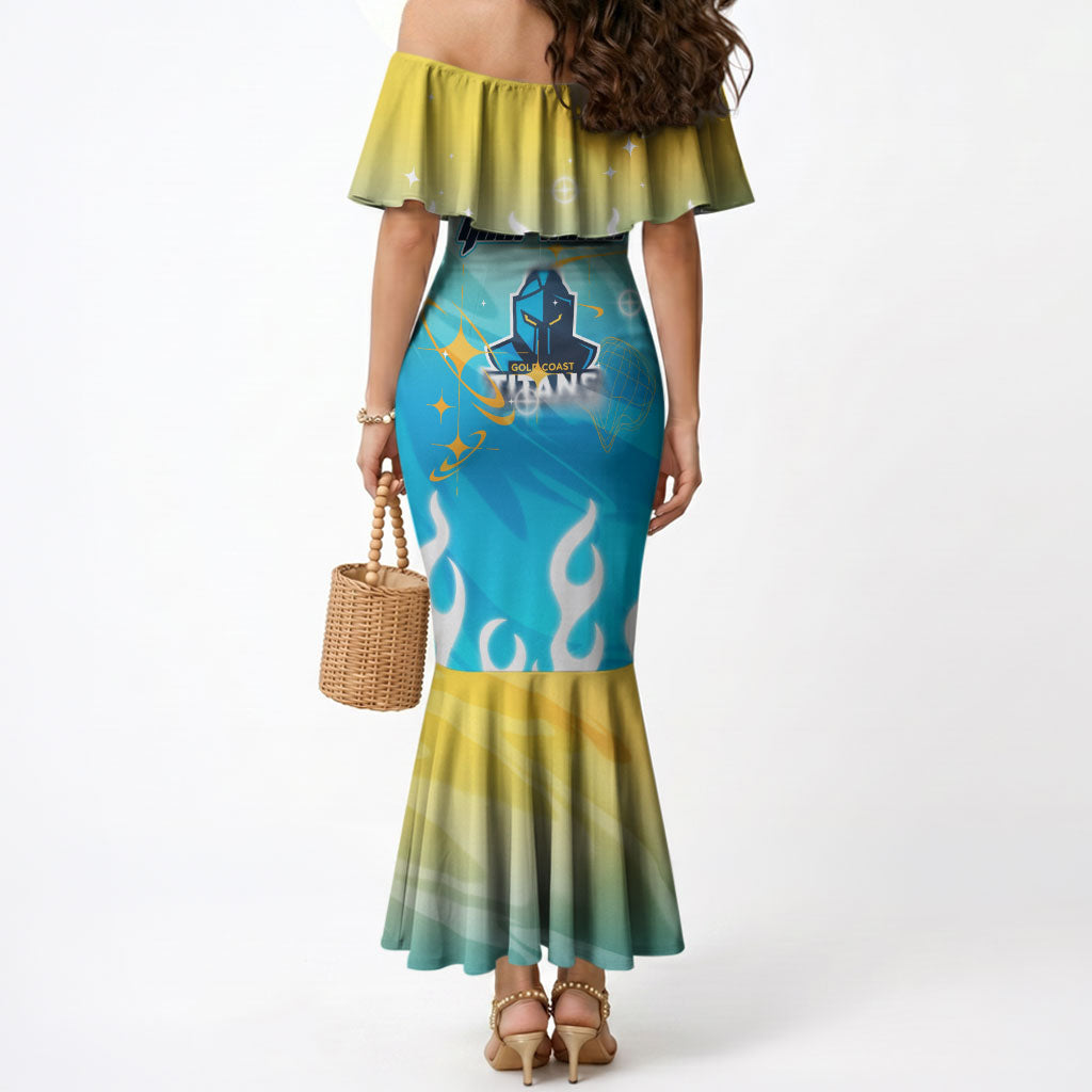 Personalized Gold Coast Titans Mermaid Dress Y2K Grunge Aesthetic With Cyber Flames and Starburst Graphics