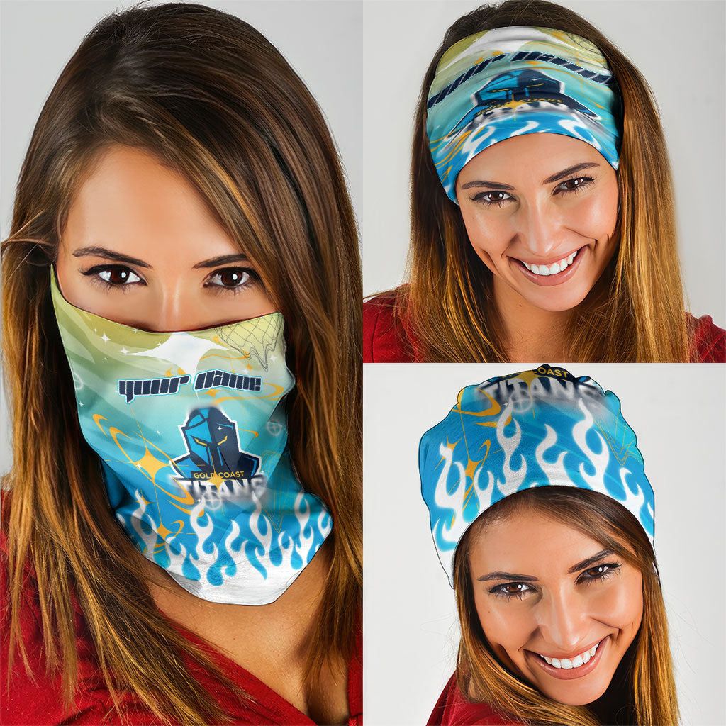 Personalized Gold Coast Titans Neck Gaiter Y2K Grunge Aesthetic With Cyber Flames and Starburst Graphics