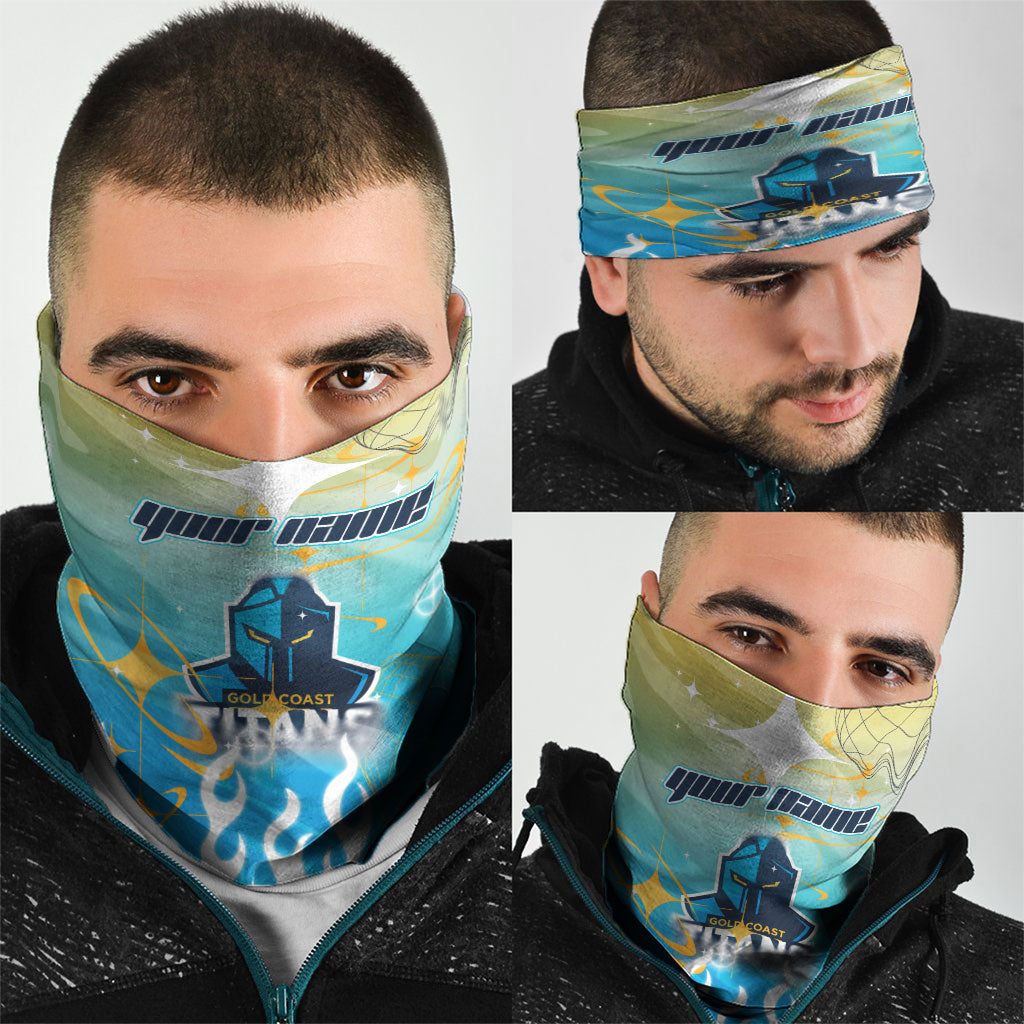 Personalized Gold Coast Titans Neck Gaiter Y2K Grunge Aesthetic With Cyber Flames and Starburst Graphics