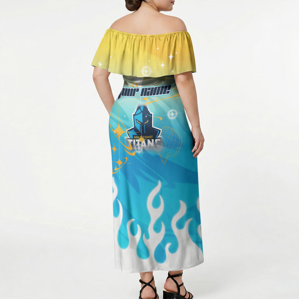 Personalized Gold Coast Titans Off Shoulder Maxi Dress Y2K Grunge Aesthetic With Cyber Flames and Starburst Graphics