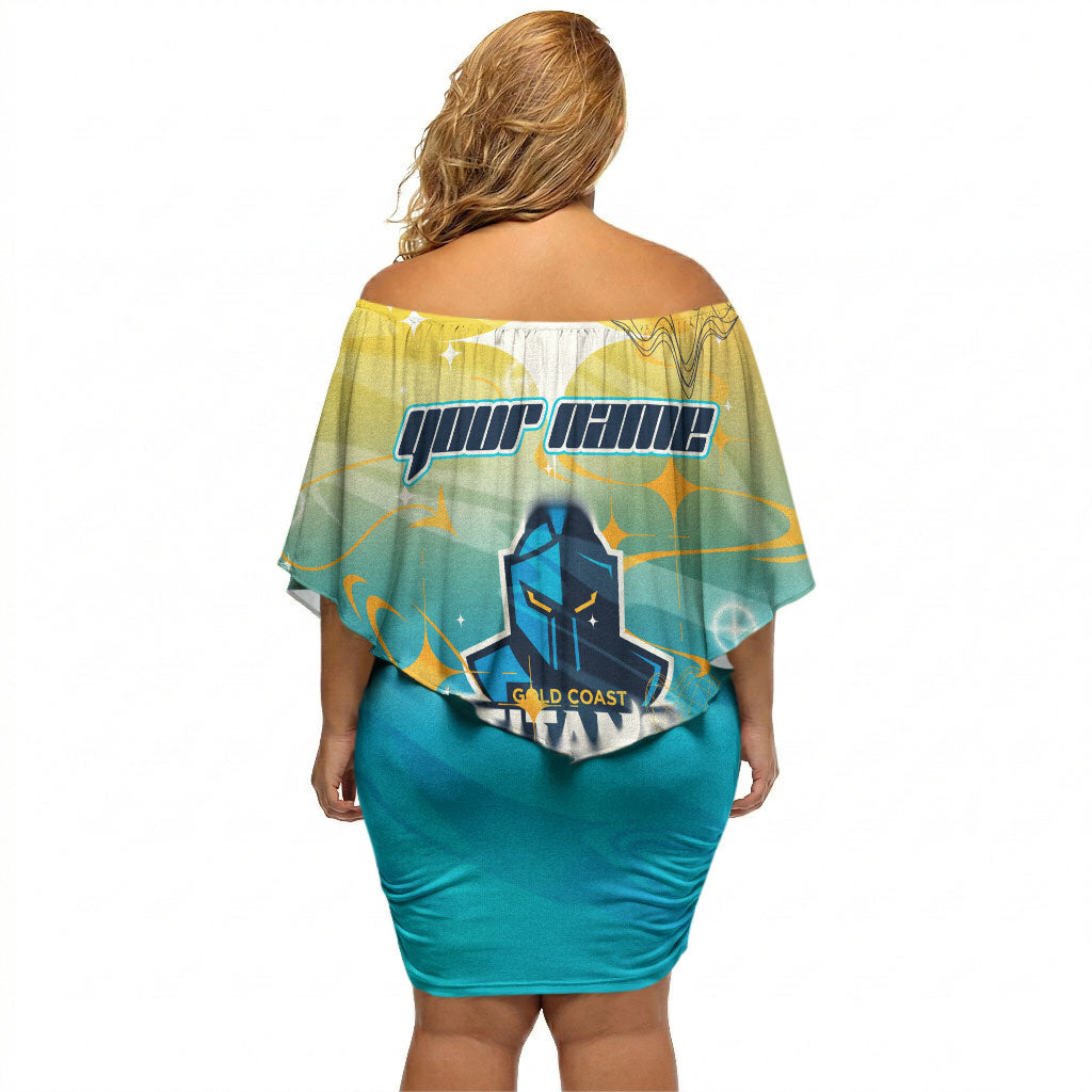 Personalized Gold Coast Titans Off Shoulder Short Dress Y2K Grunge Aesthetic With Cyber Flames and Starburst Graphics