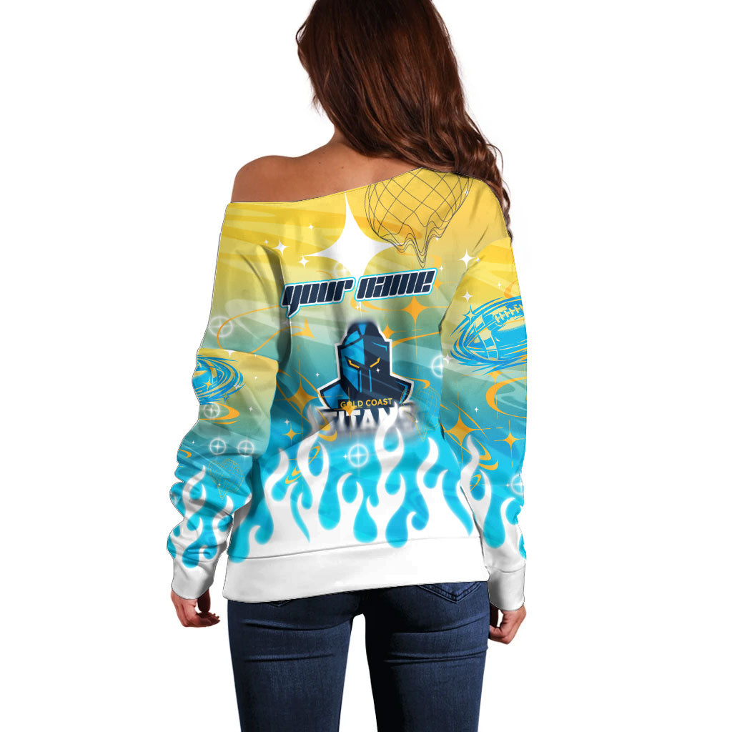 Personalized Gold Coast Titans Off Shoulder Sweater Y2K Grunge Aesthetic With Cyber Flames and Starburst Graphics