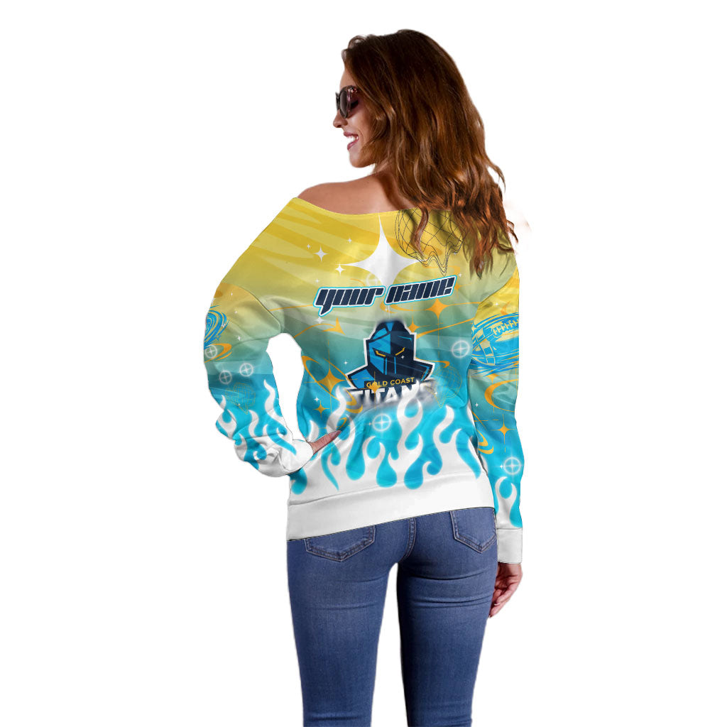 Personalized Gold Coast Titans Off Shoulder Sweater Y2K Grunge Aesthetic With Cyber Flames and Starburst Graphics