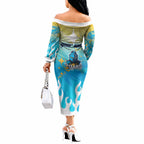 Personalized Gold Coast Titans Off The Shoulder Long Sleeve Dress Y2K Grunge Aesthetic With Cyber Flames and Starburst Graphics