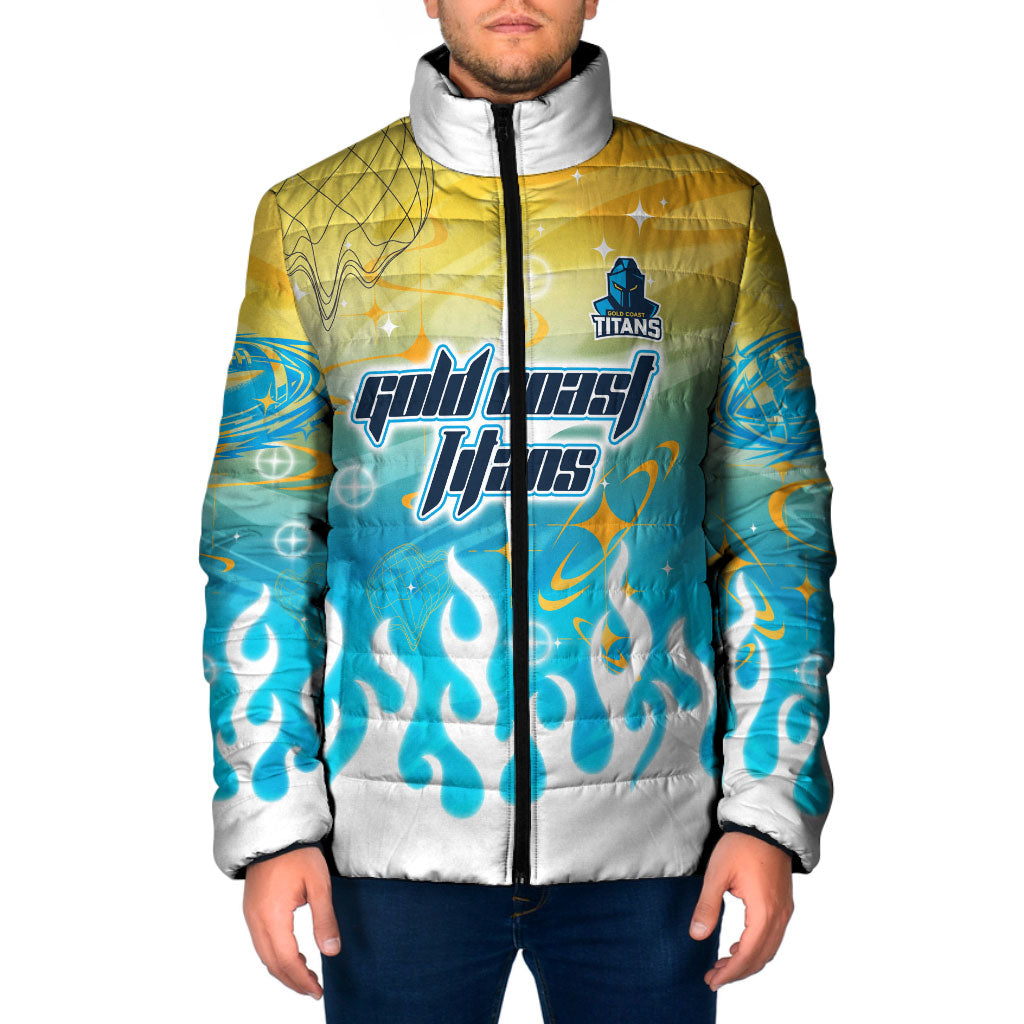 Personalized Gold Coast Titans Padded Jacket Y2K Grunge Aesthetic With Cyber Flames and Starburst Graphics
