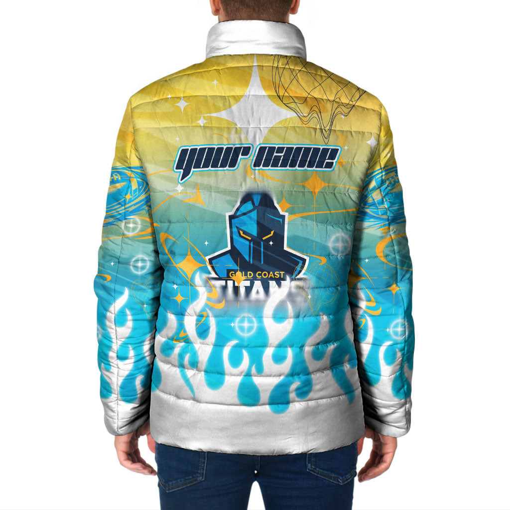 Personalized Gold Coast Titans Padded Jacket Y2K Grunge Aesthetic With Cyber Flames and Starburst Graphics