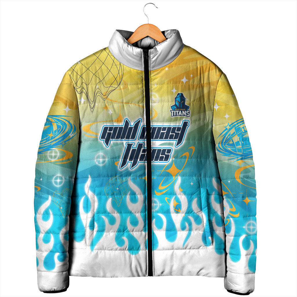 Personalized Gold Coast Titans Padded Jacket Y2K Grunge Aesthetic With Cyber Flames and Starburst Graphics