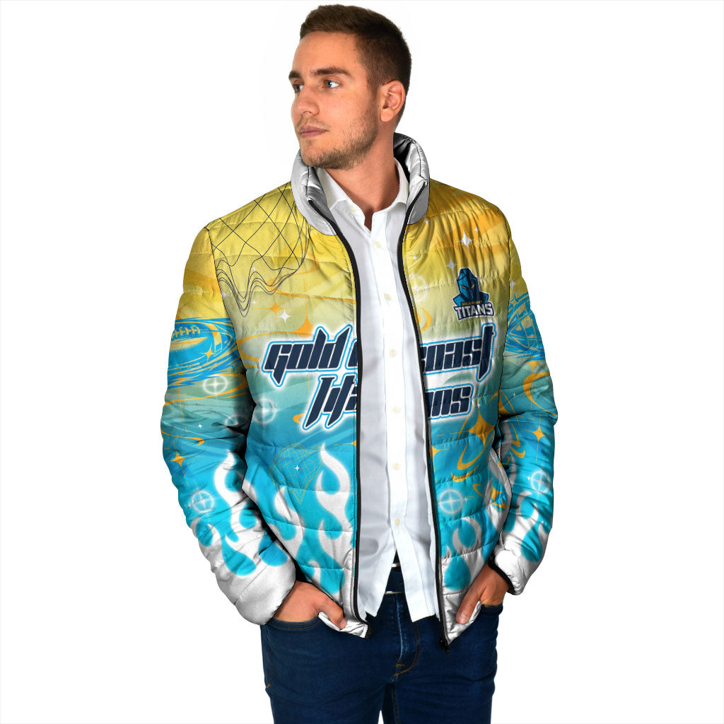 Personalized Gold Coast Titans Padded Jacket Y2K Grunge Aesthetic With Cyber Flames and Starburst Graphics