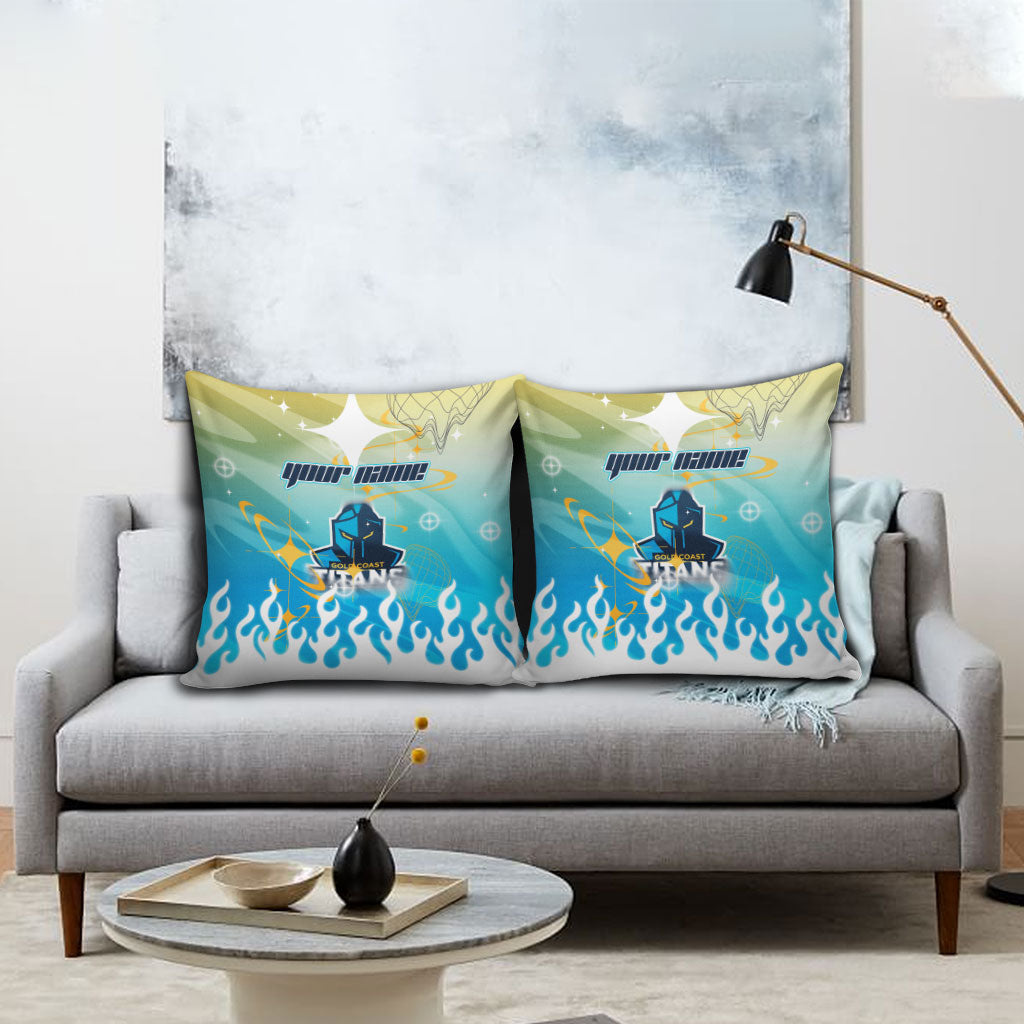 Personalized Gold Coast Titans Pillow Cover Y2K Grunge Aesthetic With Cyber Flames and Starburst Graphics