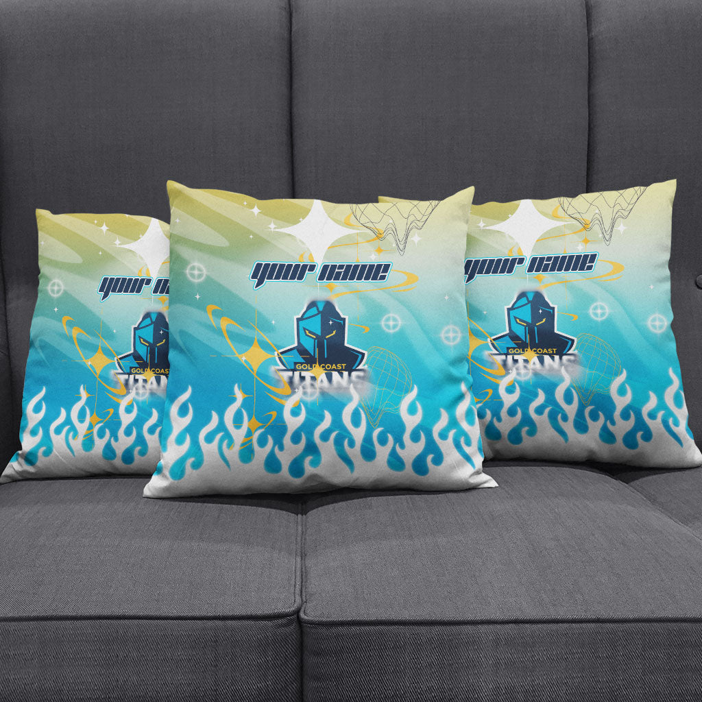 Personalized Gold Coast Titans Pillow Cover Y2K Grunge Aesthetic With Cyber Flames and Starburst Graphics