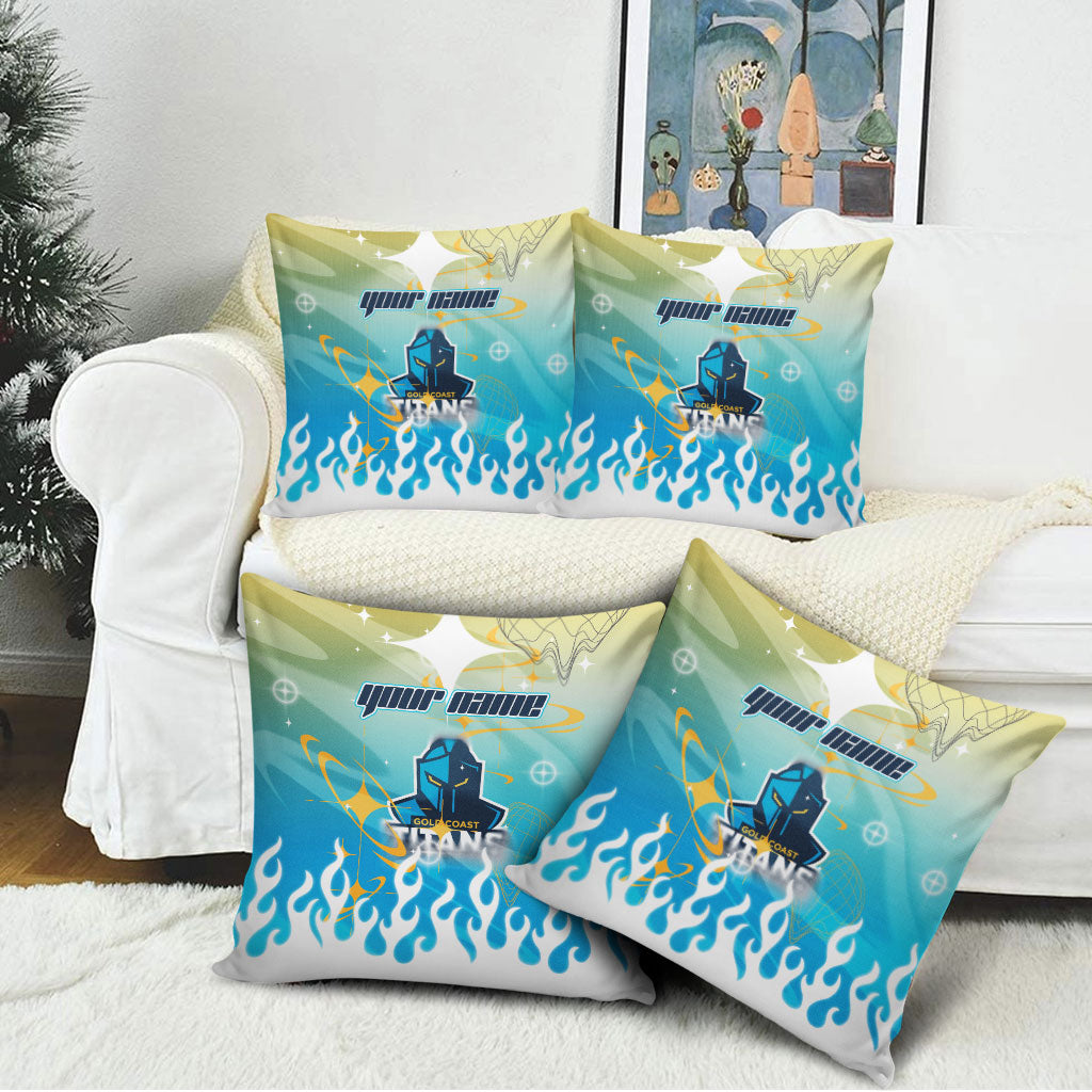 Personalized Gold Coast Titans Pillow Cover Y2K Grunge Aesthetic With Cyber Flames and Starburst Graphics