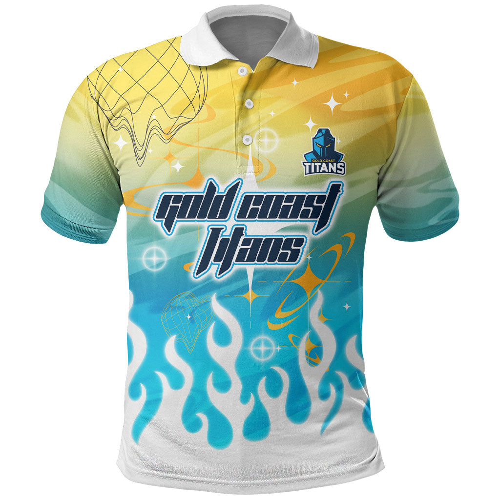 Personalized Gold Coast Titans Polo Shirt Y2K Grunge Aesthetic With Cyber Flames and Starburst Graphics