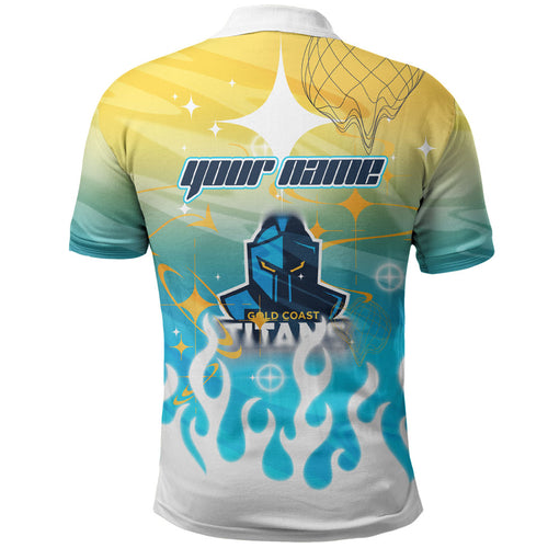 Personalized Gold Coast Titans Polo Shirt Y2K Grunge Aesthetic With Cyber Flames and Starburst Graphics