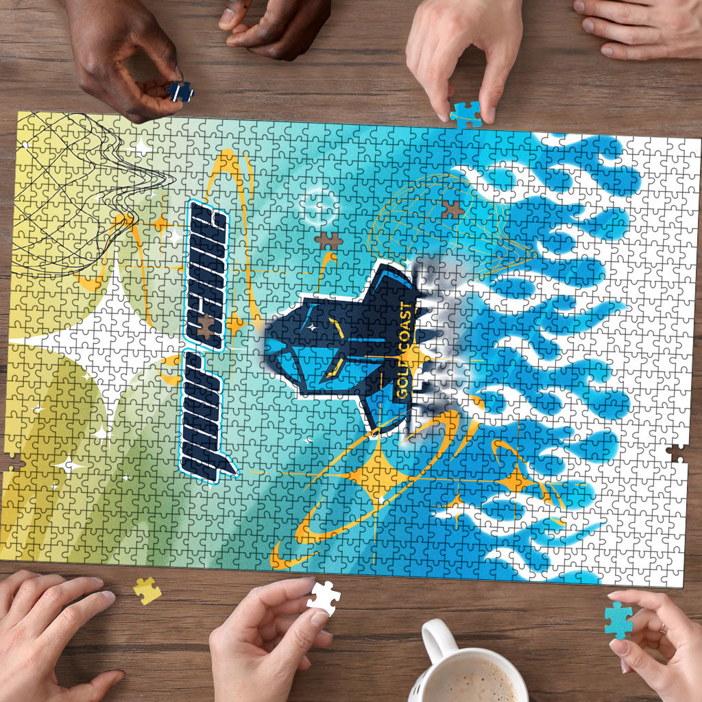 Personalized Gold Coast Titans Puzzle Y2K Grunge Aesthetic With Cyber Flames and Starburst Graphics