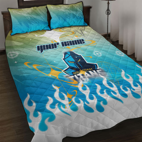 Personalized Gold Coast Titans Quilt Bed Set Y2K Grunge Aesthetic With Cyber Flames and Starburst Graphics