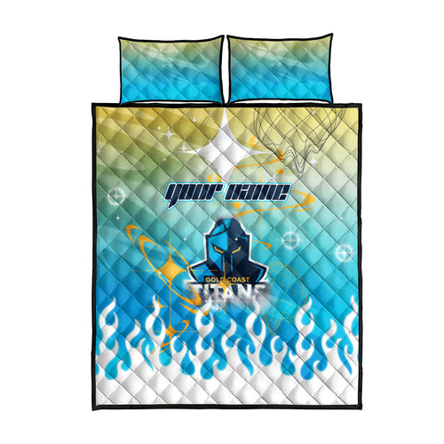 Personalized Gold Coast Titans Quilt Bed Set Y2K Grunge Aesthetic With Cyber Flames and Starburst Graphics