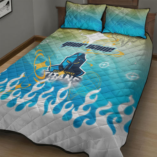 Personalized Gold Coast Titans Quilt Bed Set Y2K Grunge Aesthetic With Cyber Flames and Starburst Graphics