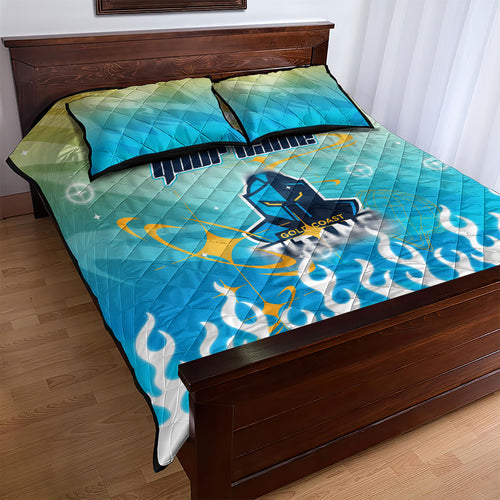Personalized Gold Coast Titans Quilt Bed Set Y2K Grunge Aesthetic With Cyber Flames and Starburst Graphics