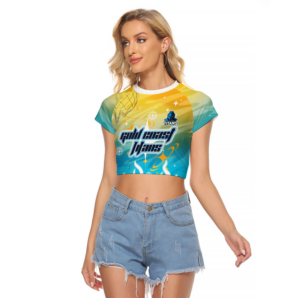 Personalized Gold Coast Titans Raglan Cropped T Shirt Y2K Grunge Aesthetic With Cyber Flames and Starburst Graphics
