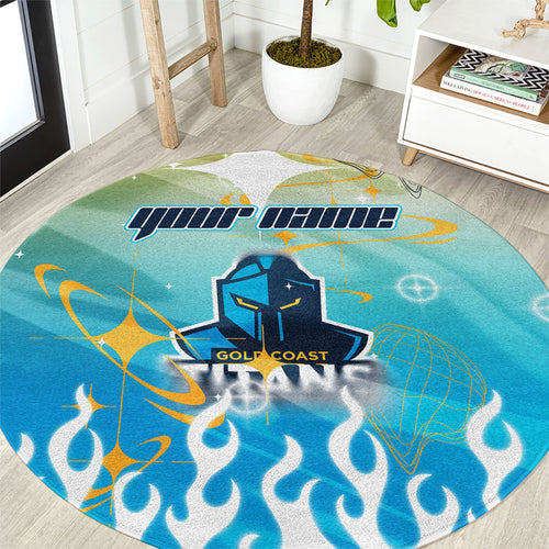 Personalized Gold Coast Titans Round Carpet Y2K Grunge Aesthetic With Cyber Flames and Starburst Graphics