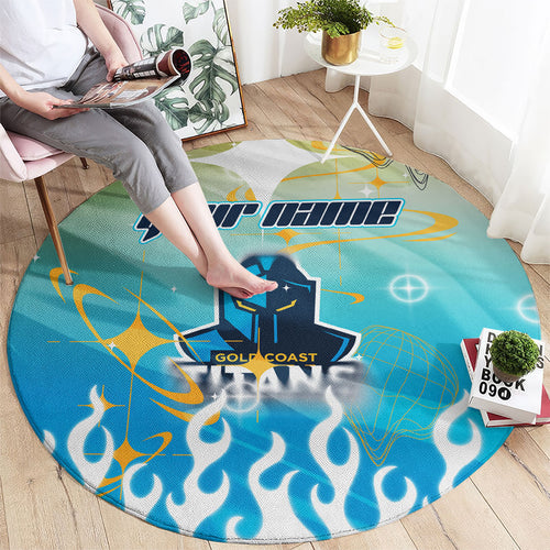 Personalized Gold Coast Titans Round Carpet Y2K Grunge Aesthetic With Cyber Flames and Starburst Graphics